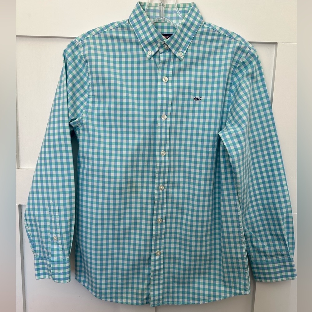 Vineyard Vines - Boys 12-14 Blue/Green Gingham Whale Shirt. 100% Cotton Poplin.
